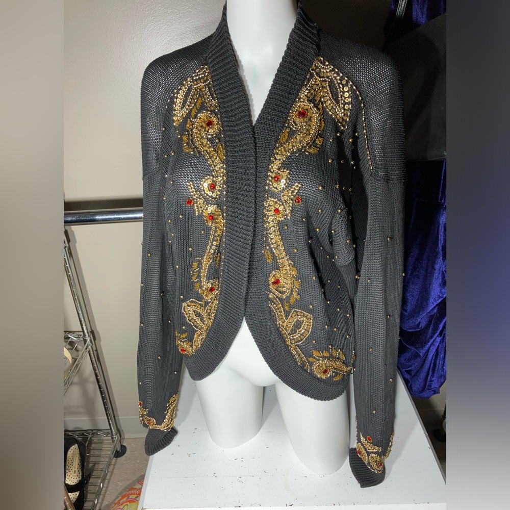 Cristina VINTAGE Baroque Gold Embroidered Embellished Comfy Cotton Knit Cardigan